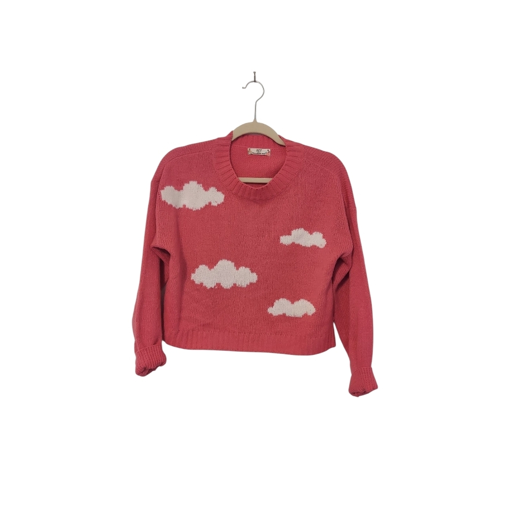 Pink Knit Sweater With White Clouds By FCT With Love Size M